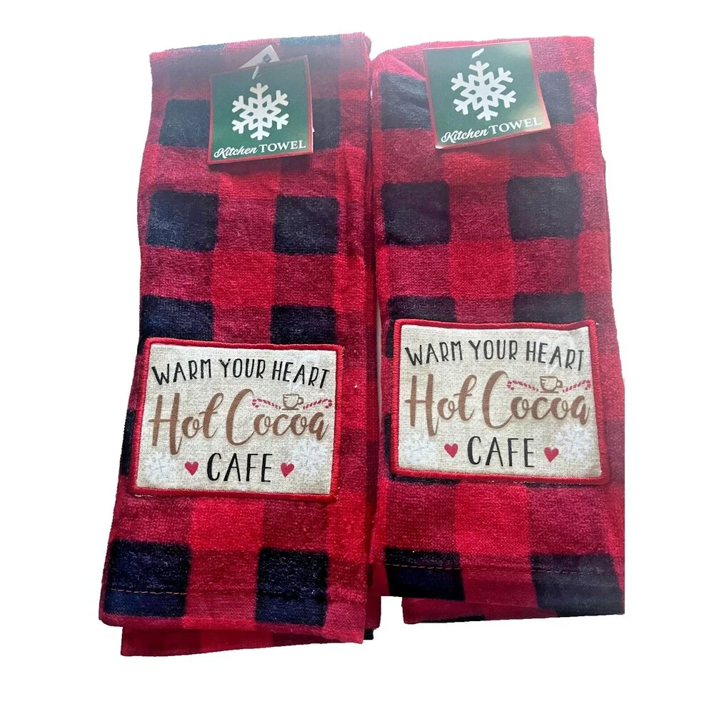 Christmas Winter Kitchen Dish Towels Hot Cocoa Warm 100% Cotton Set of 2